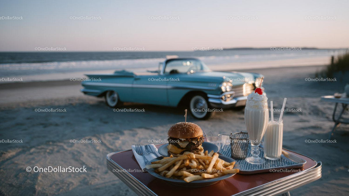 Beachside Cheeseburger French Fries and Milkshake with Classic Car Stock Photo Bundle preview 41