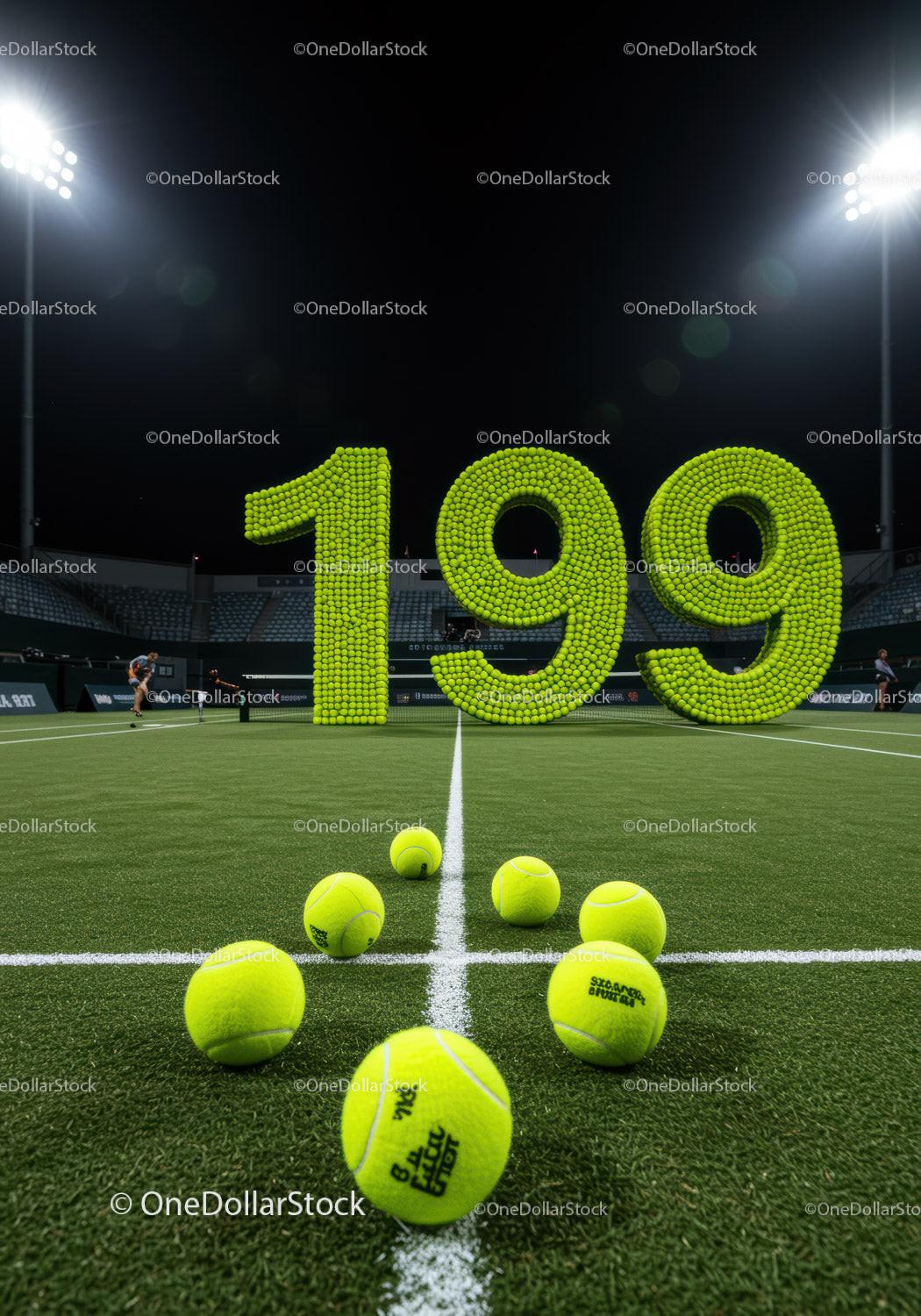 Number 199 made of tennis balls on illuminated court