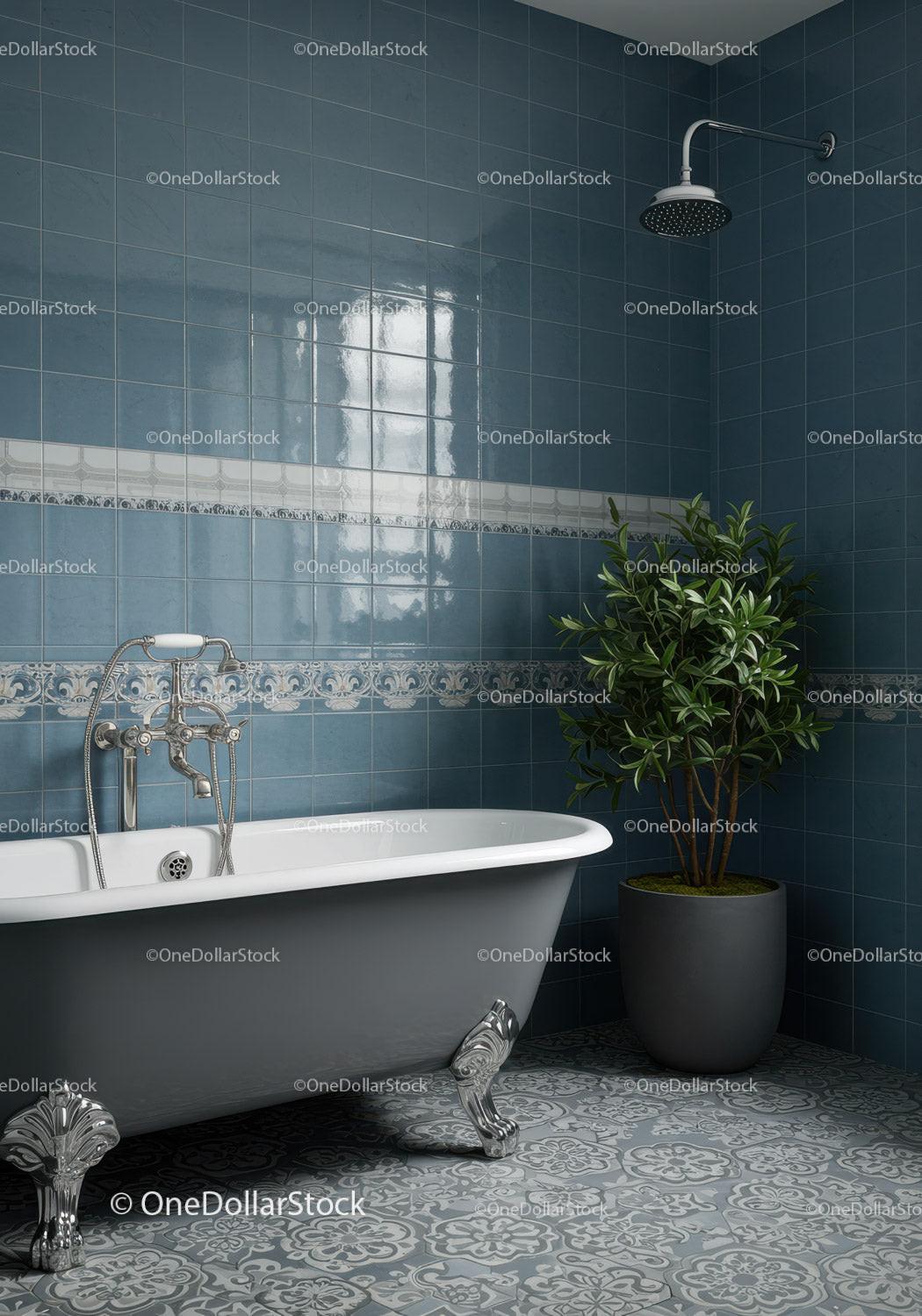 Elegant vintage bathtub with green indoor plant in blue bathroom