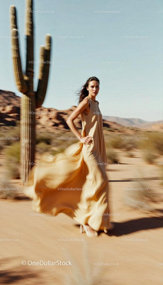 Elegant Woman in Flowing Dress Moving Through Desert Landscape Stock Photo Bundle preview 8
