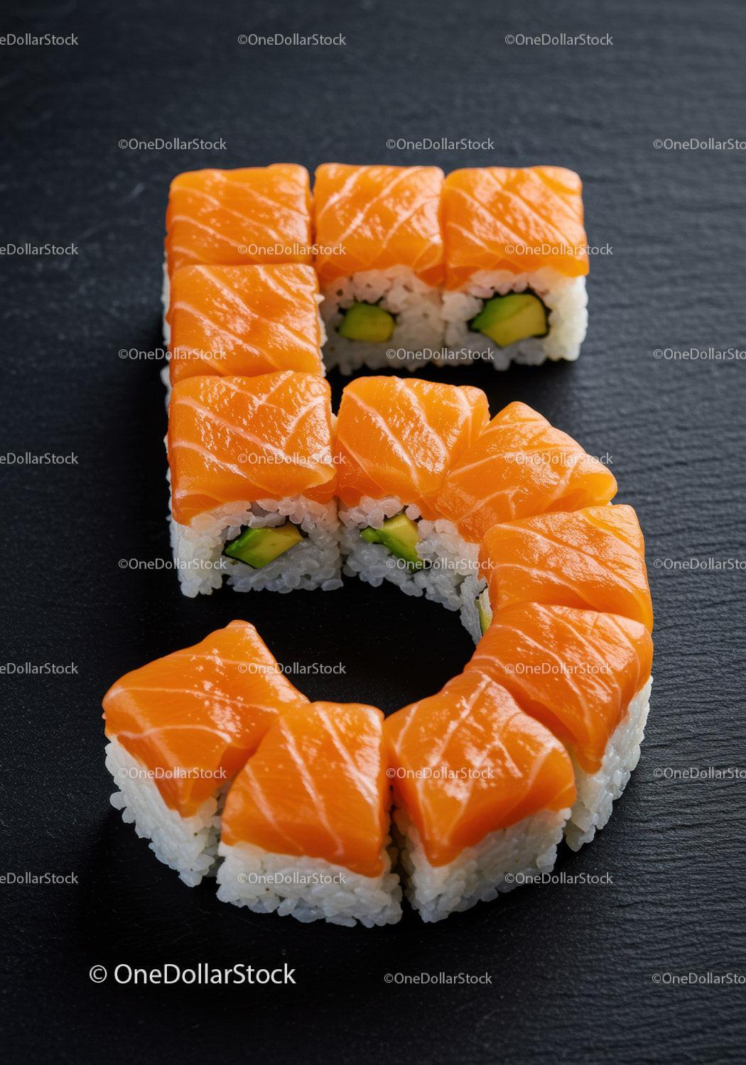 Number Five Shaped Salmon Sushi Rolls on Black Slate