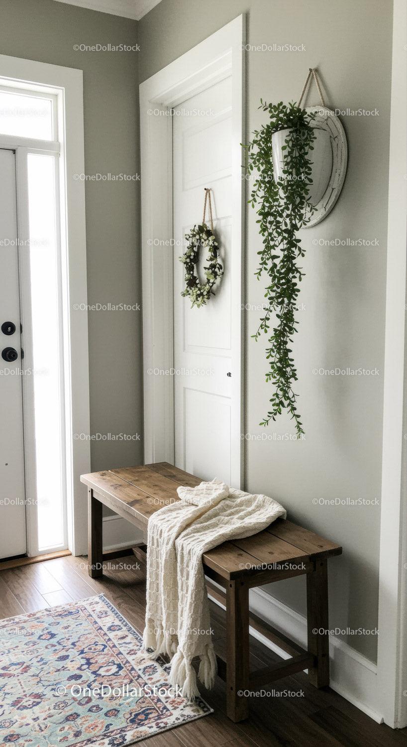 Elegant Hallway with Hanging Plant and Wreath Decor in Cozy Home