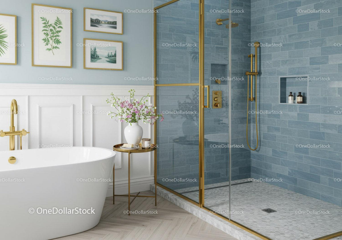Elegant bathroom with freestanding tub and gold accents