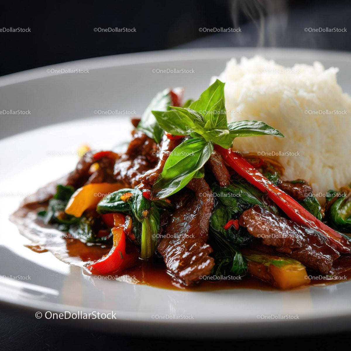 Beef Stir-Fry with Vegetables and Steamed Rice