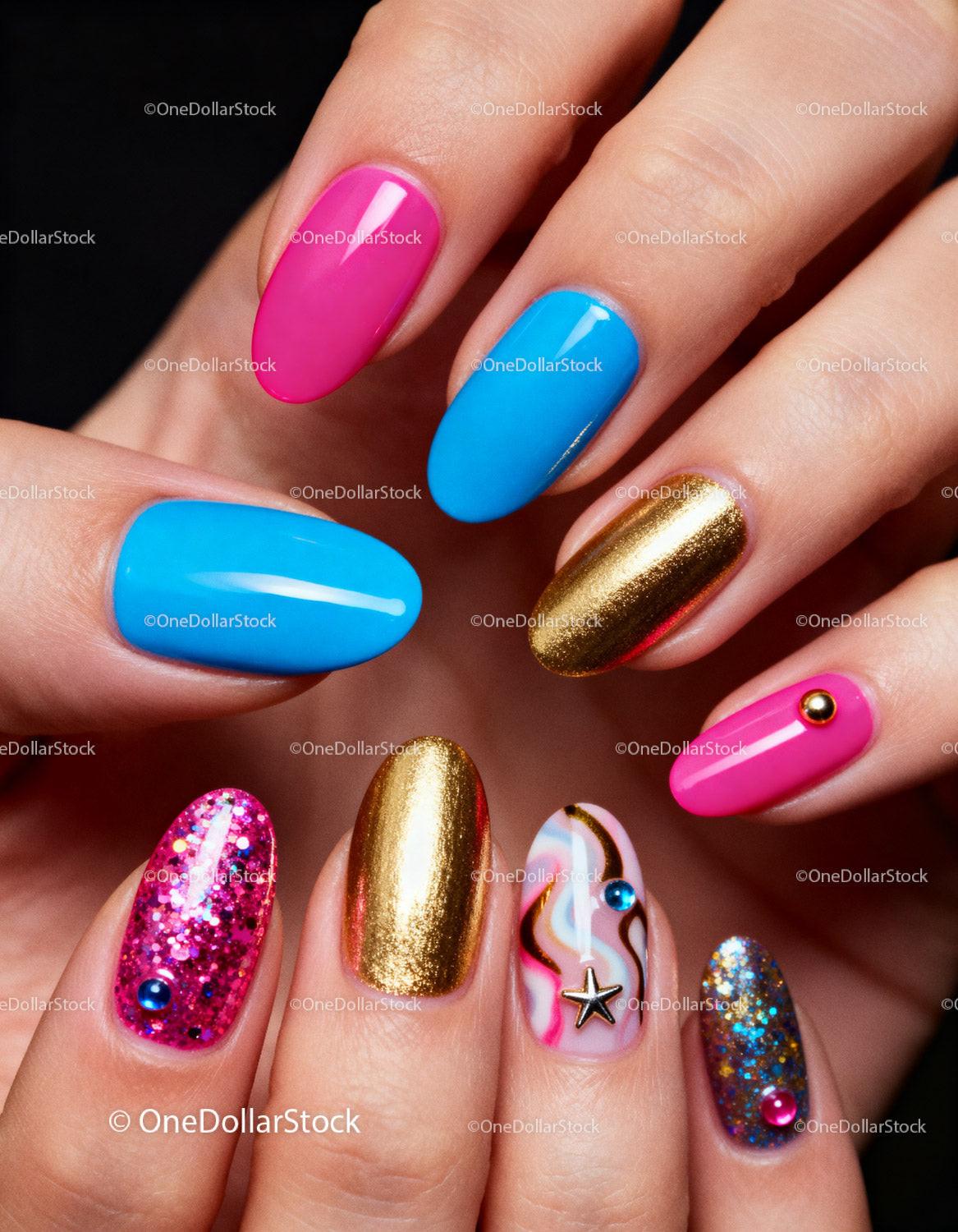 Colorful manicured nails with vibrant artistic designs