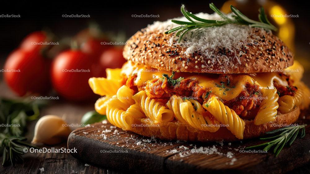 Cheesy Pasta Burger with Fresh Herbs on Rustic Bread Bun