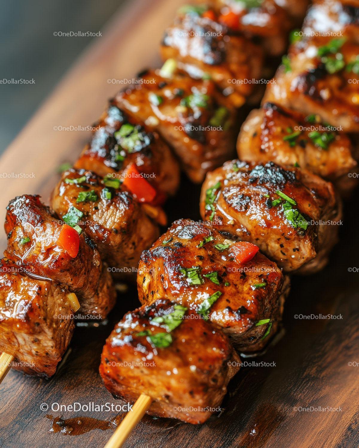 Juicy Grilled Meat Skewers with Fresh Herbs on Wooden Plate