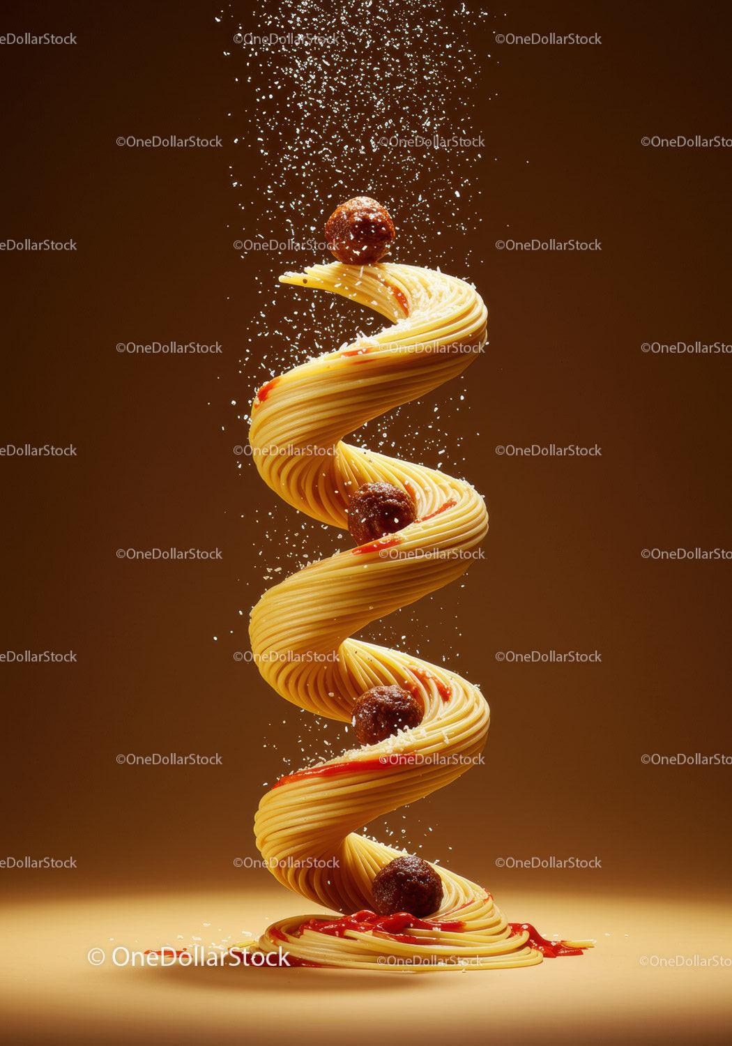 Spiral of Spaghetti with Meatballs and Parmesan Sprinkles