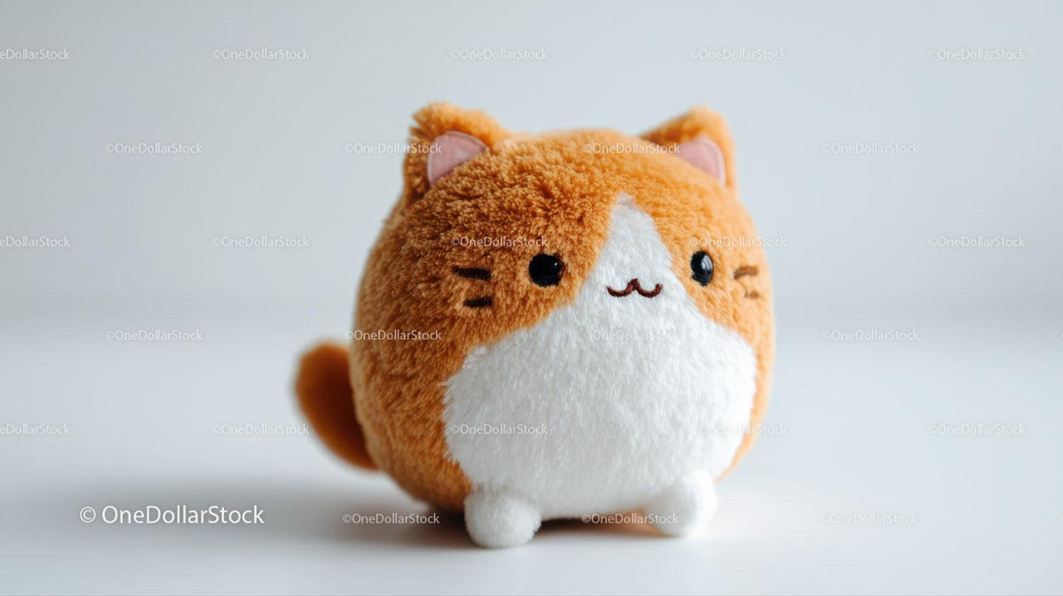 Small round plush toy cat with brown and white fur and black eyes