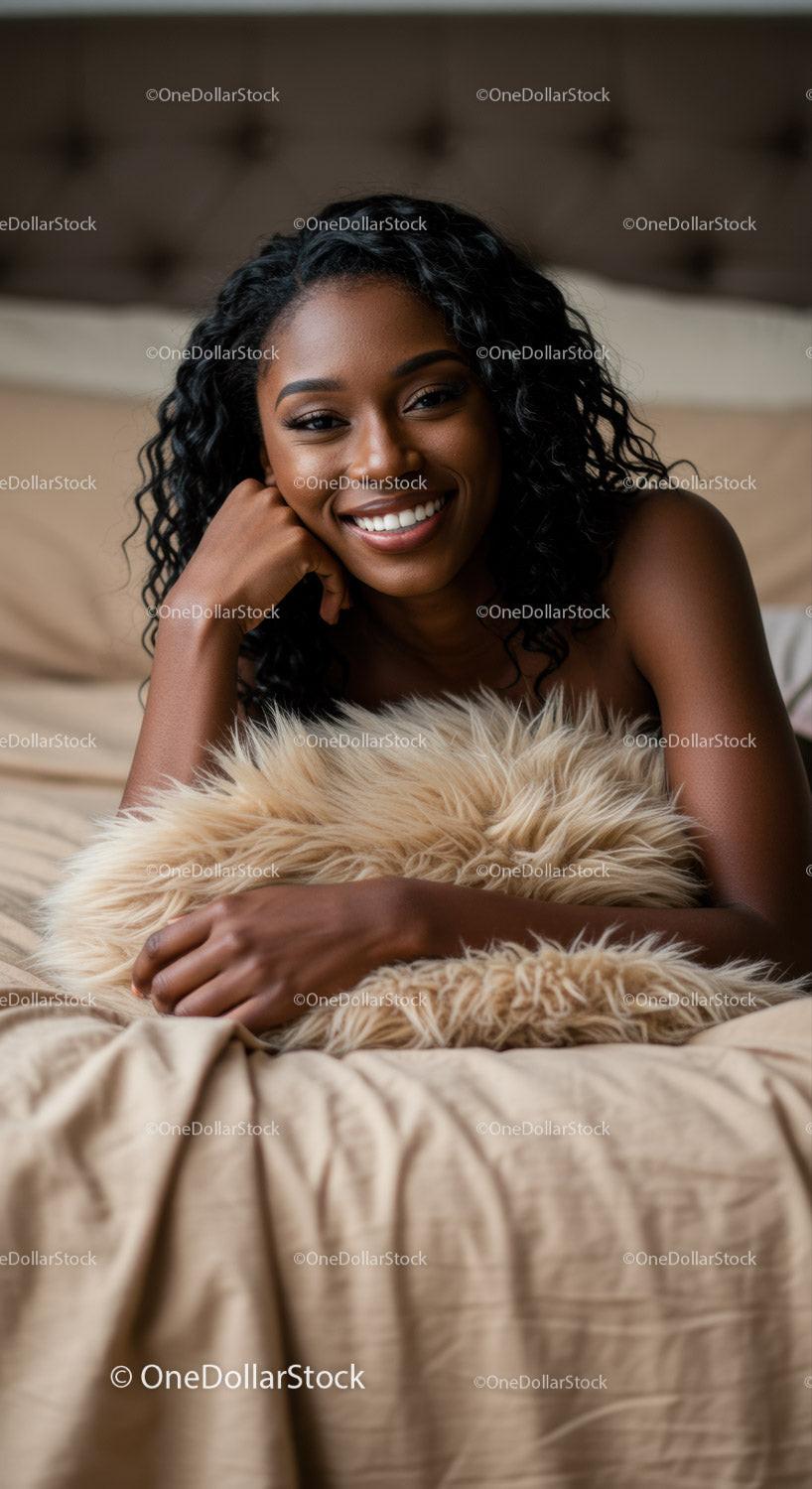 Relaxed woman smiling while lying on cozy bed