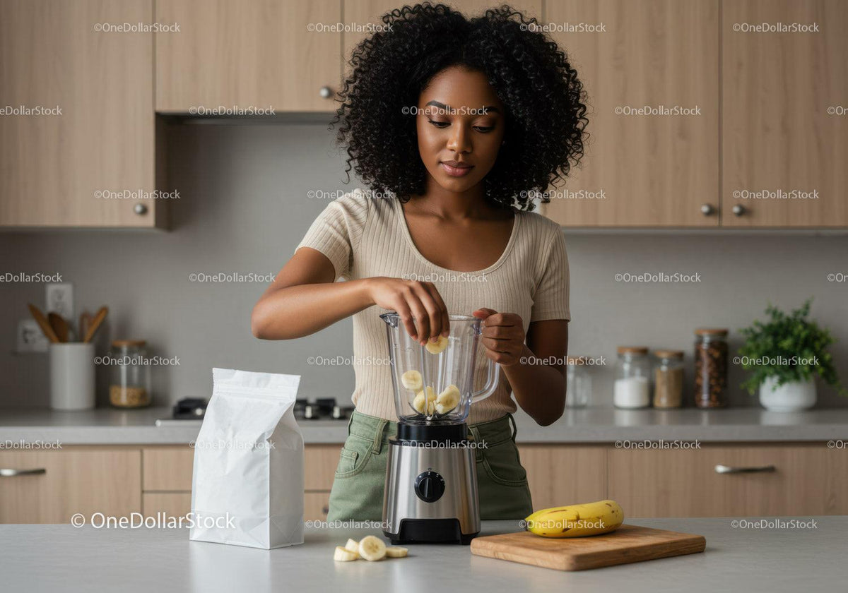 Healthy Woman Making Banana Smoothie in Modern Kitchen JPG Mockup Image preview