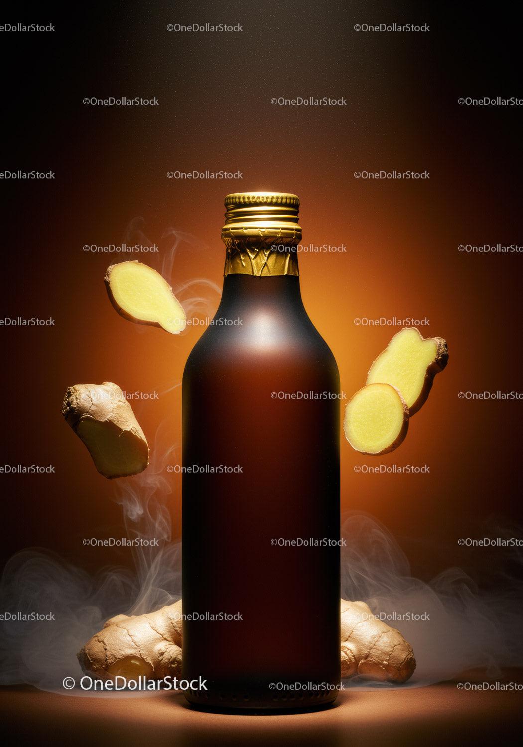 Amber bottle surrounded by fresh and sliced ginger root