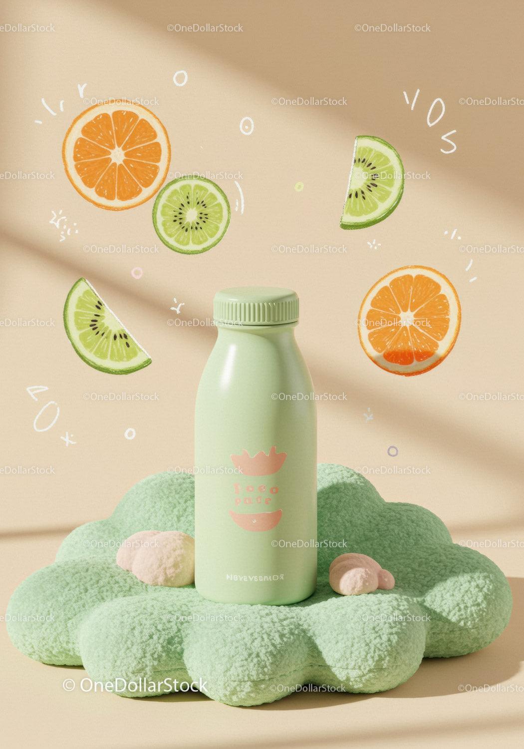 Minimalist green bottle with citrus illustrations on soft surface