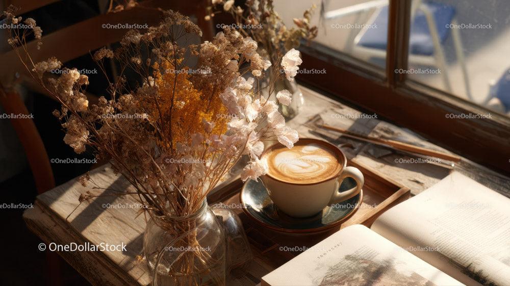 Dried Flowers in Amber Jar with Coffee and Open Book Stock Photo Bundle preview 10