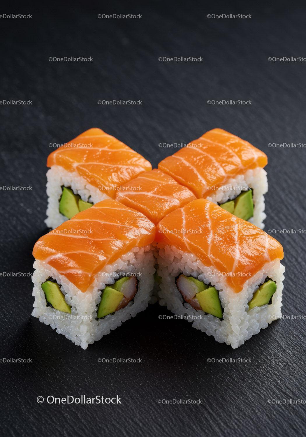 Fresh Salmon Sushi Rolls with Avocado on Dark Slate