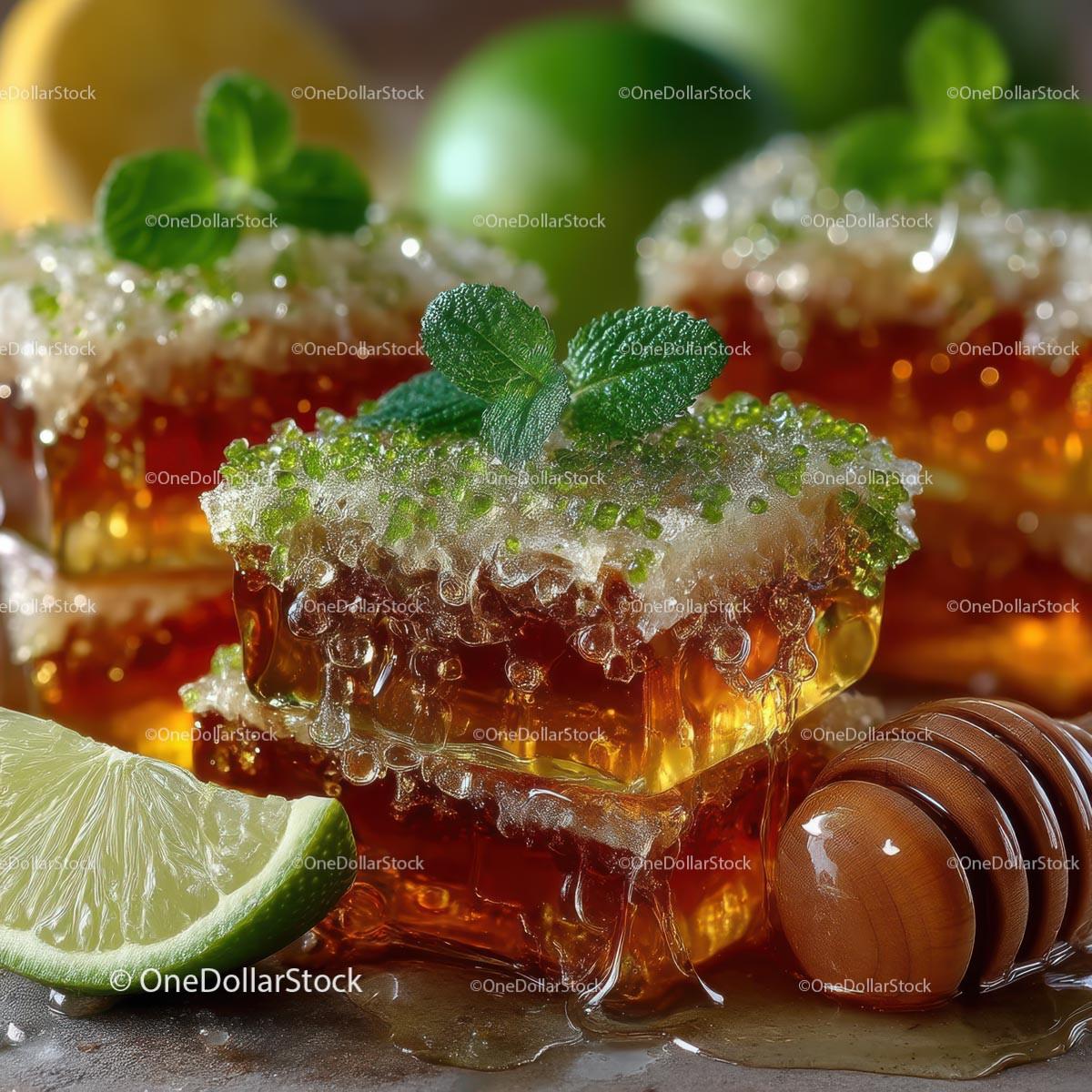 Delicious Honeycomb with Fresh Lime and Mint Leaves Stock Photo Bundle preview 7