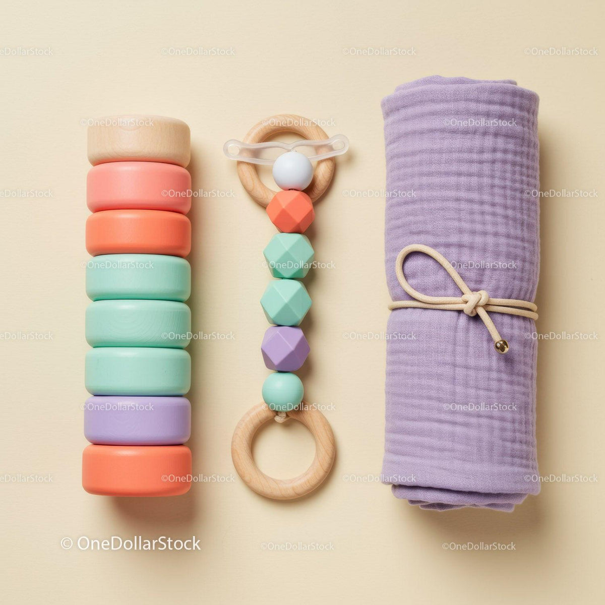 Colorful Baby Toys and Rolled Lavender Blanket Set