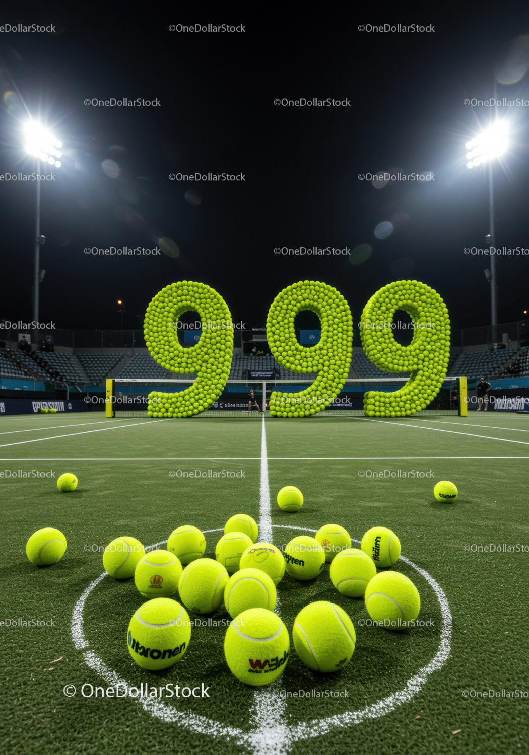 Tennis balls arranged in 999 number on tennis court