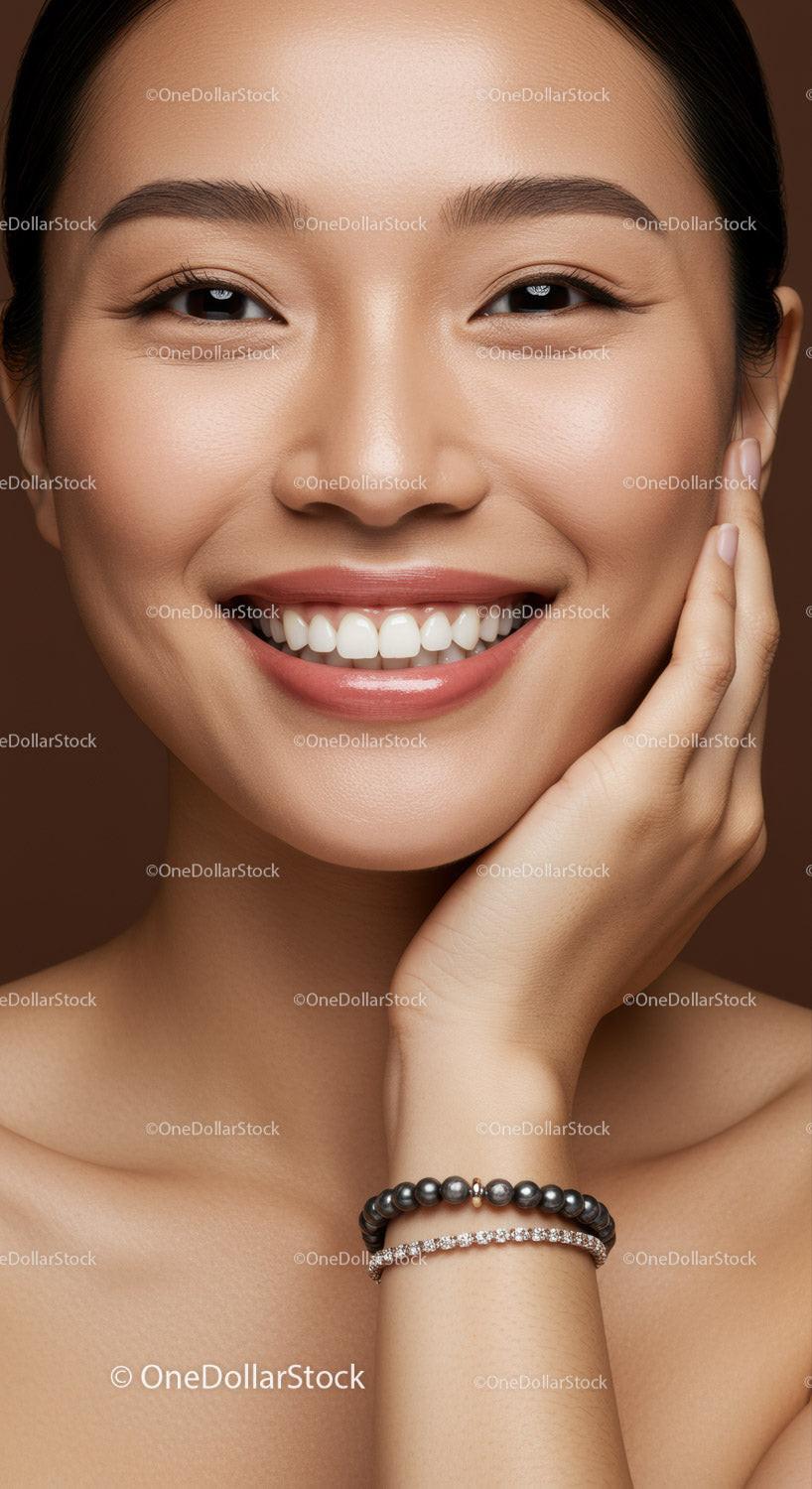 Close up of joyful woman with natural skin and jewelry