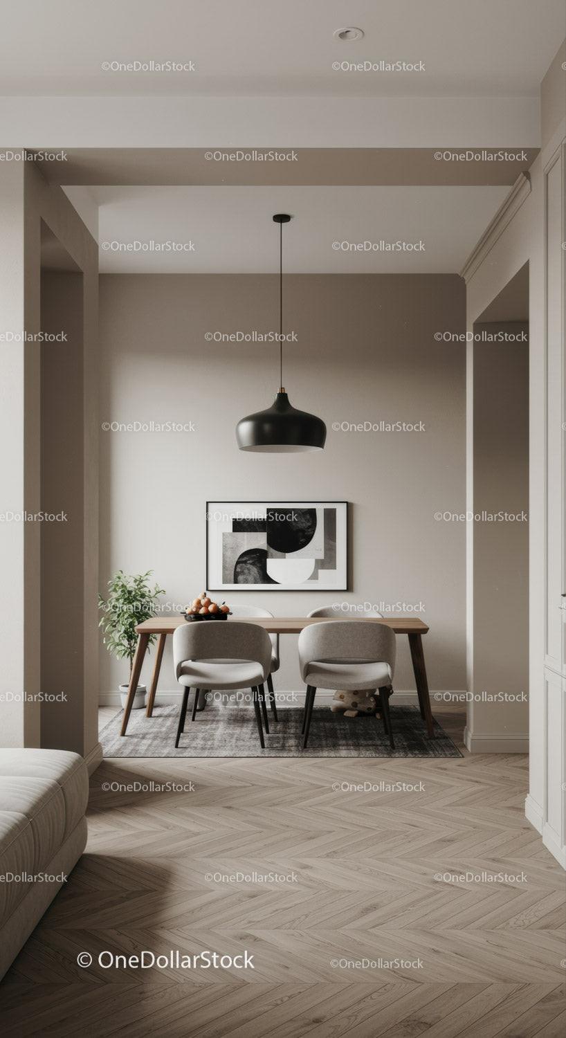 Minimalist dining area with modern art and black pendant lamp