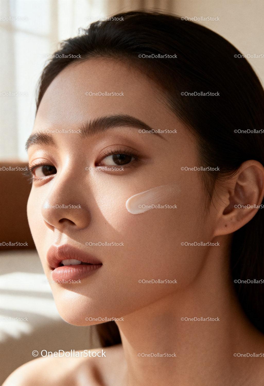 Close-up of woman applying cream on glowing skin