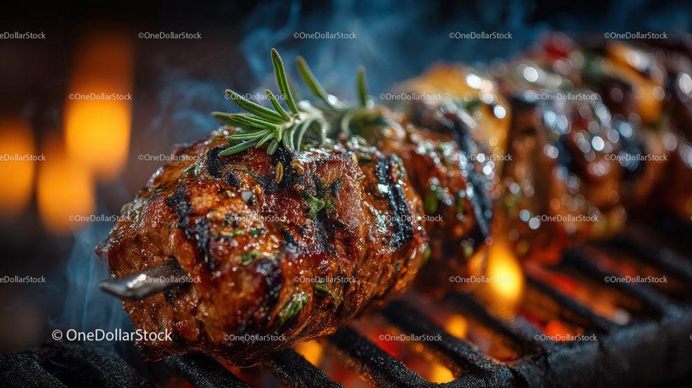 Juicy Grilled Meat Skewers with Charred Edges on Open Flame Stock Photo Bundle creative preview 4