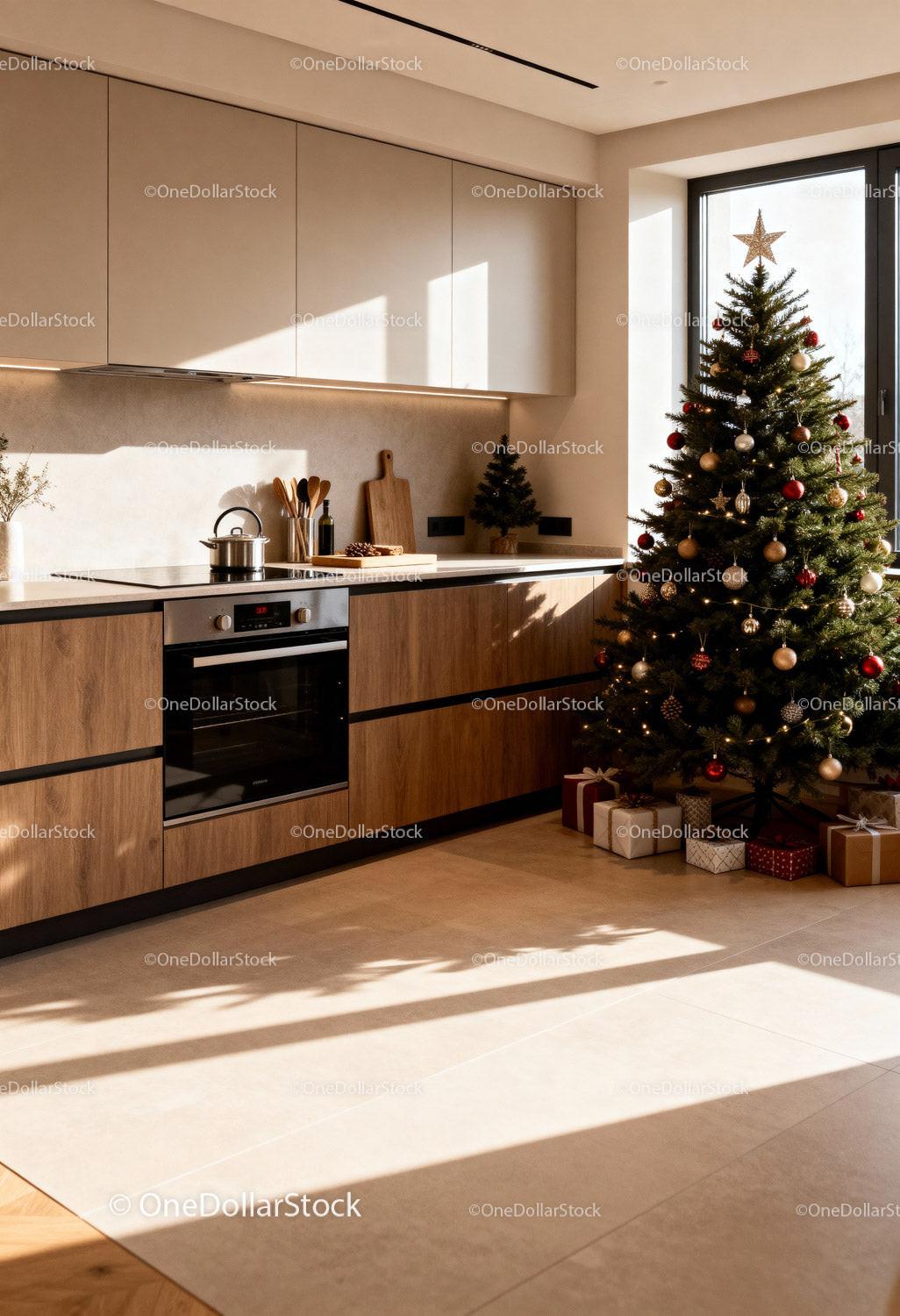 Sunlit modern kitchen with decorated Christmas tree