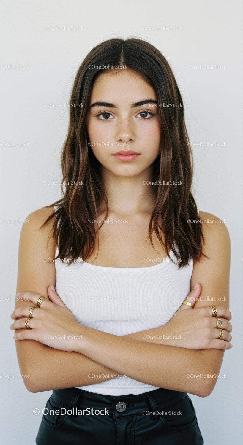 Portrait of a Young Woman with Brown Hair and Confident Expression