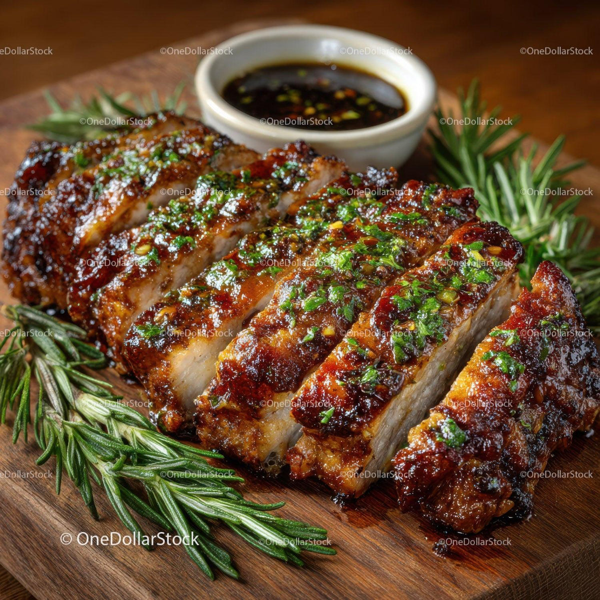 Gourmet Grilled Pork Ribs with Rosemary and Soy Sauce on Wooden Board