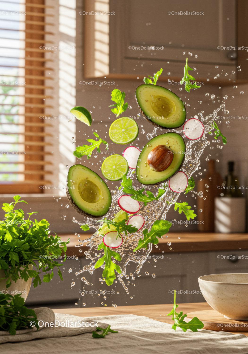 Fresh Avocado and Citrus Ingredients Splash in Kitchen