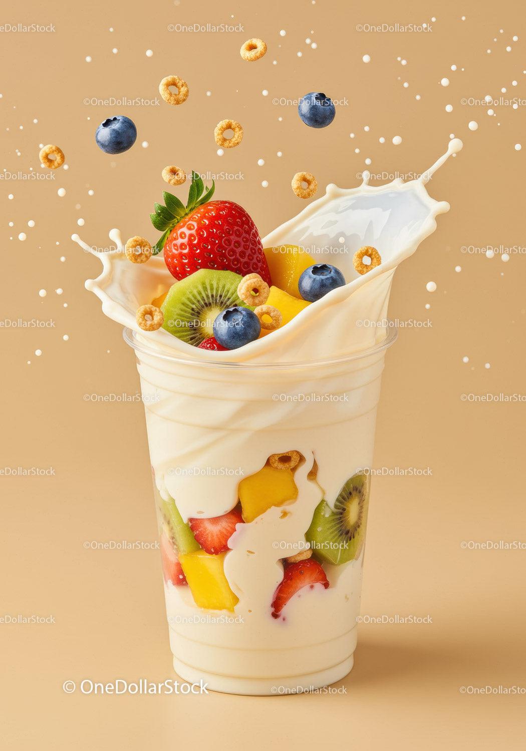 Fresh fruit and cereal splash in creamy yogurt cup
