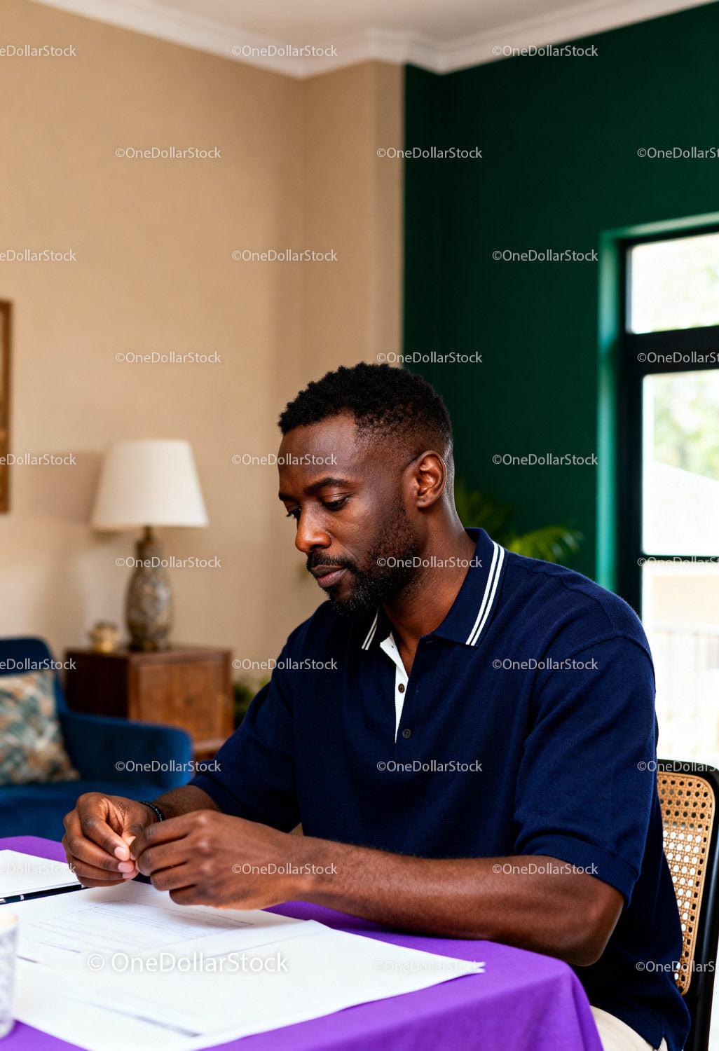 Focused man reviewing documents at home desk