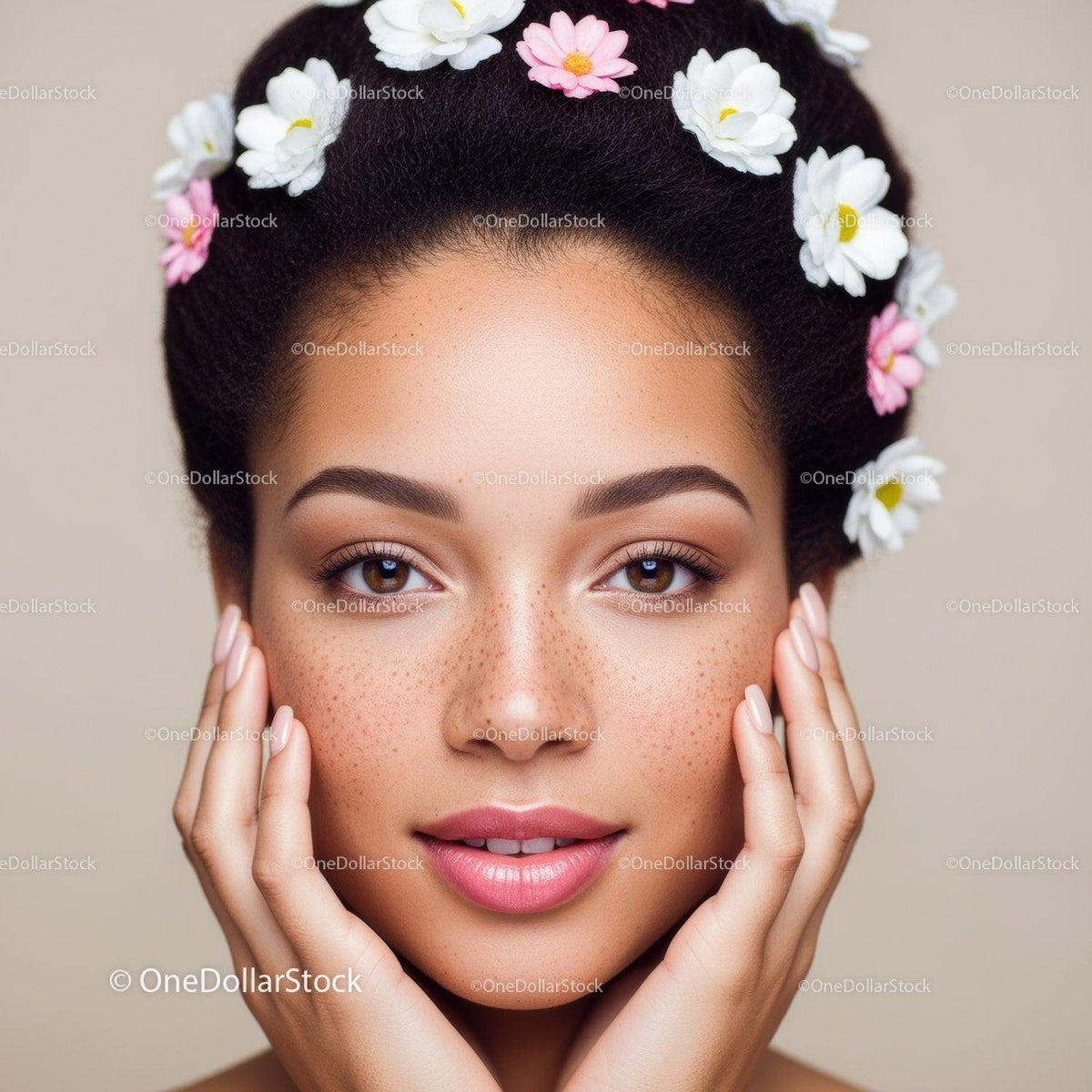 Young Woman with Freckles Wearing Flower Headband in Soft Light