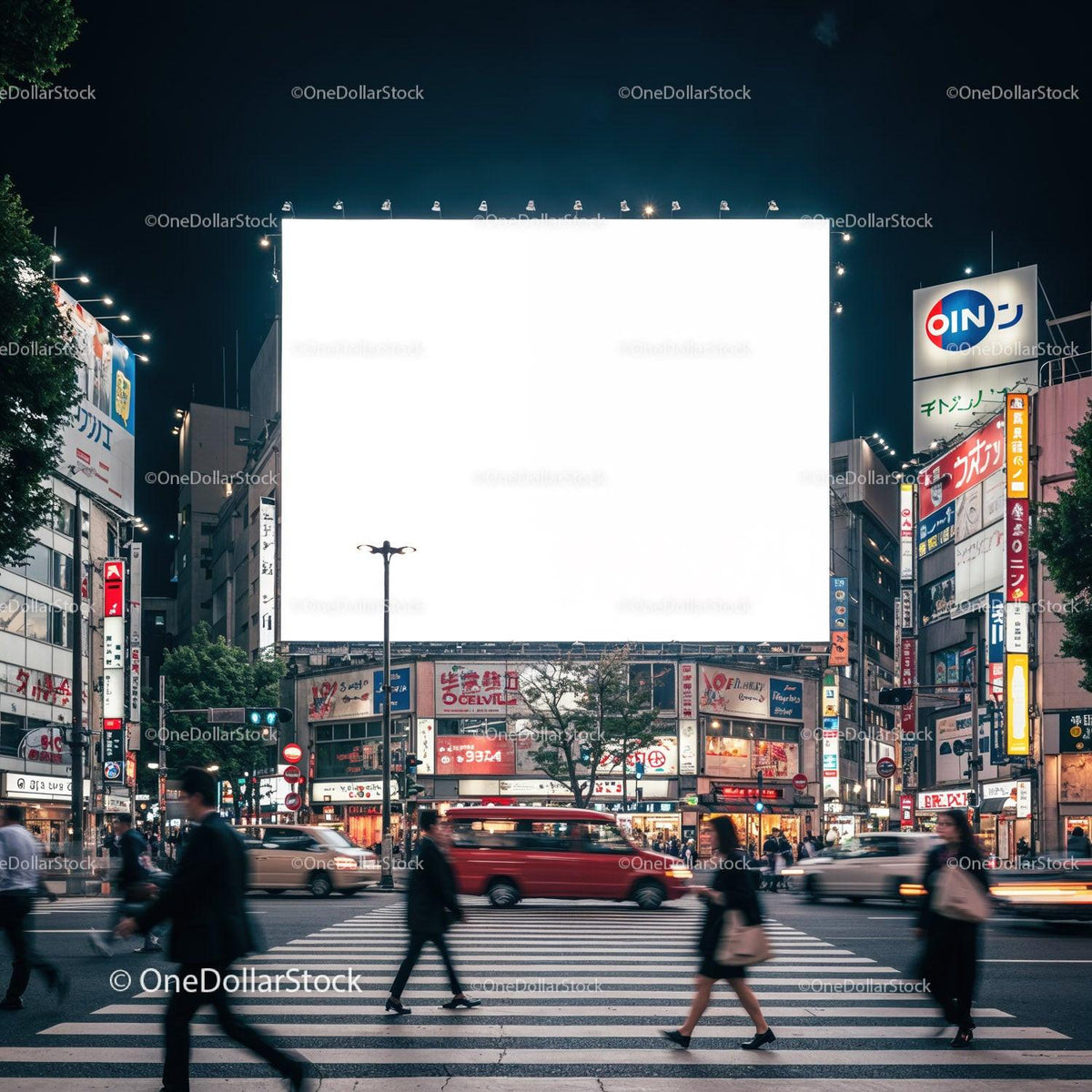 Busy city crosswalk with illuminated billboard at night JPG Mockup Image preview