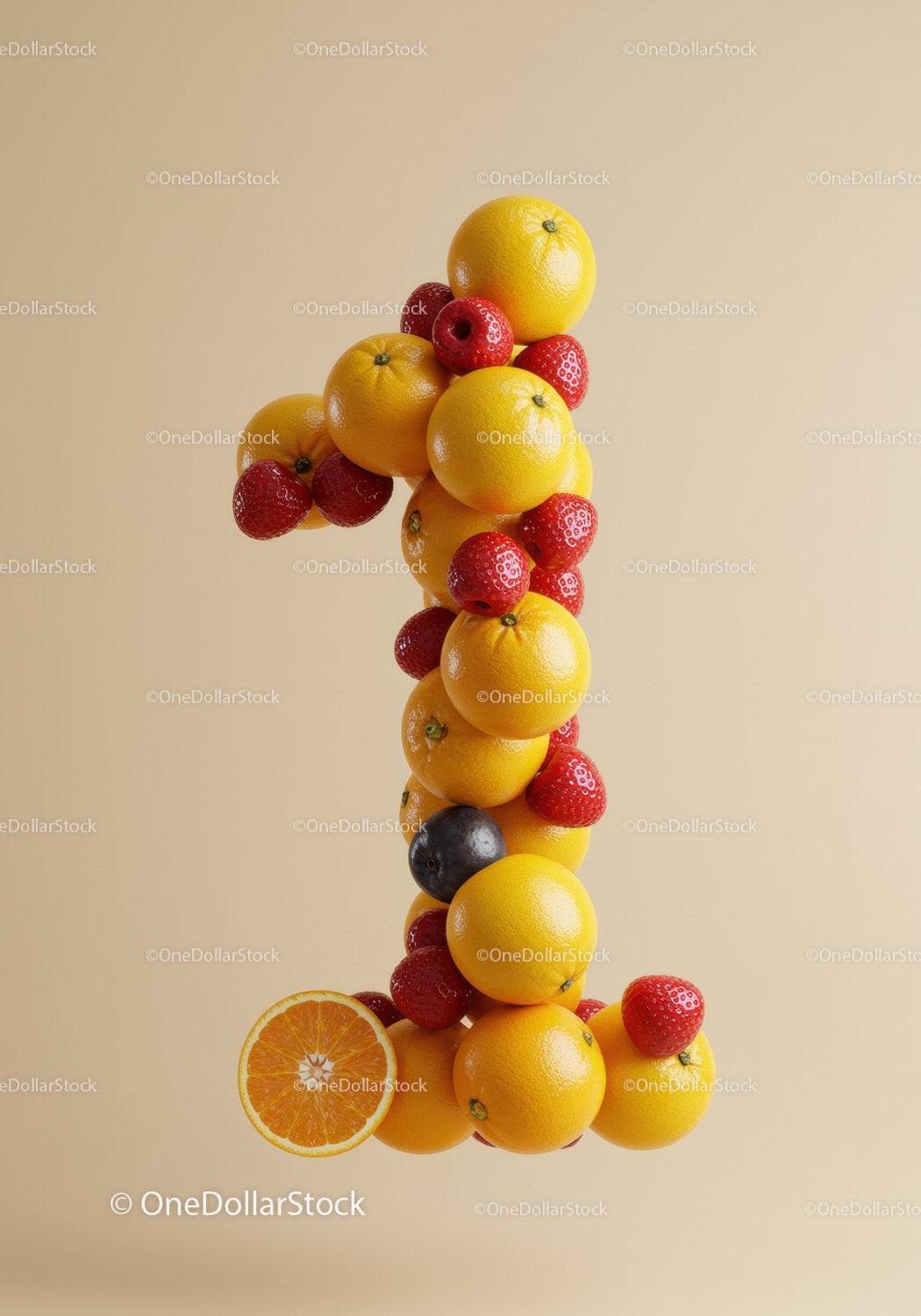 Number One Shaped From Fresh Oranges and Strawberries