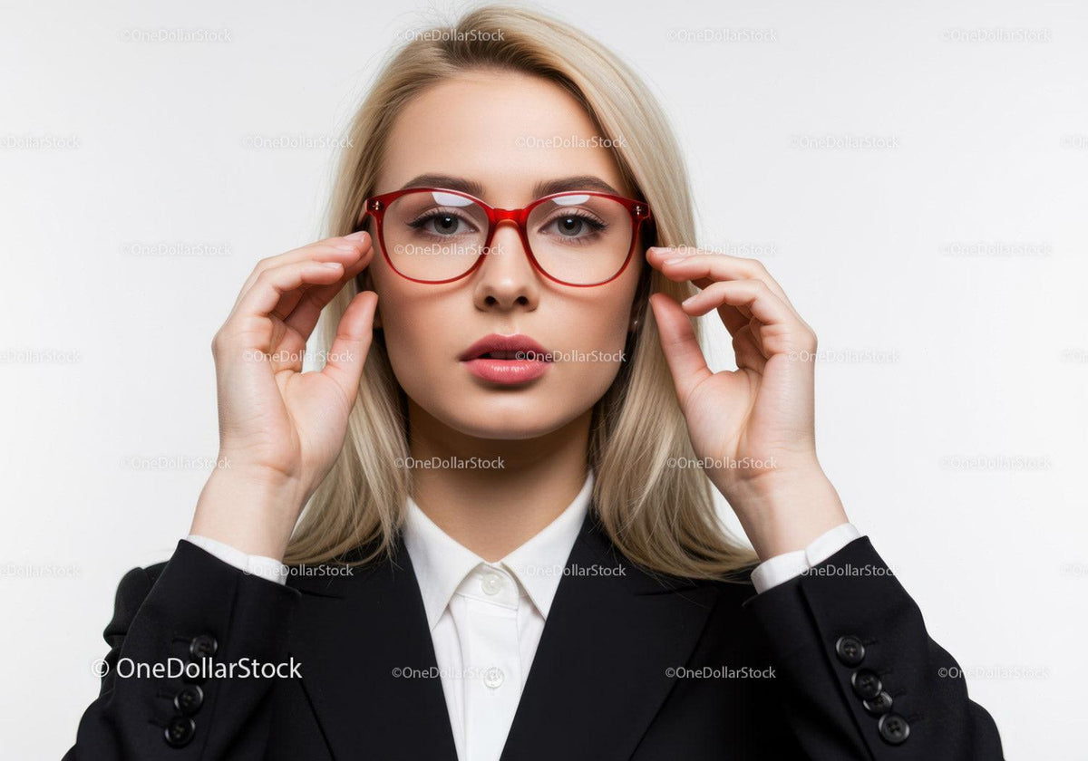 Businesswoman with Red Glasses and Blonde Hair in Studio
