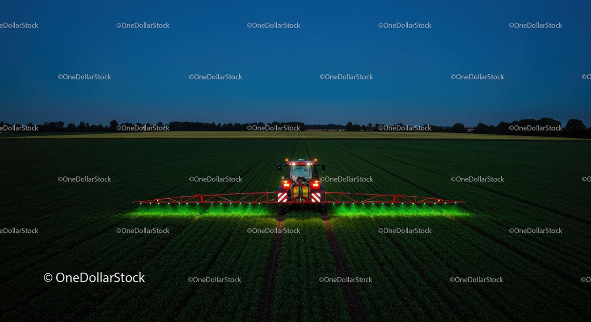 Nighttime Tractor Spraying Crops in a Field
