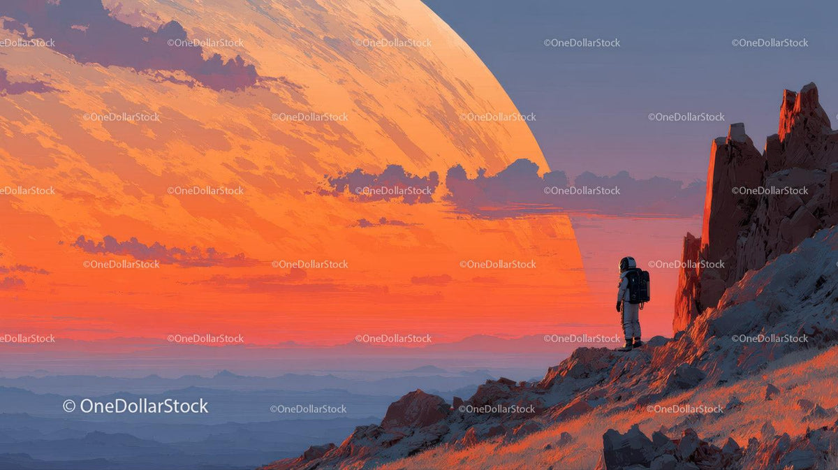 Astronaut Exploring a Surreal Alien Landscape with a Giant Orange Planet Stock Photo Bundle preview 18