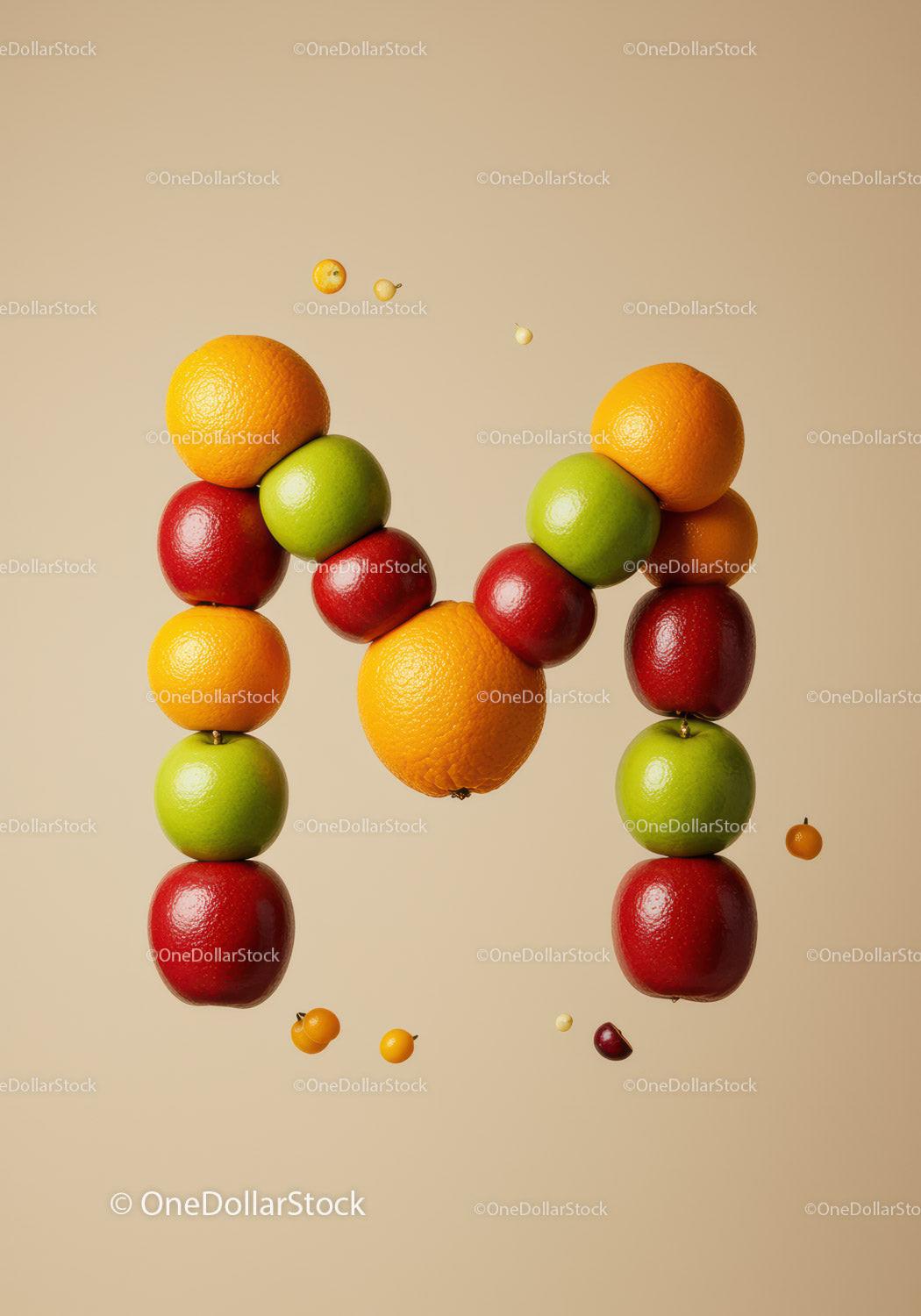 Alphabet Letter M Constructed from Fresh Fruits