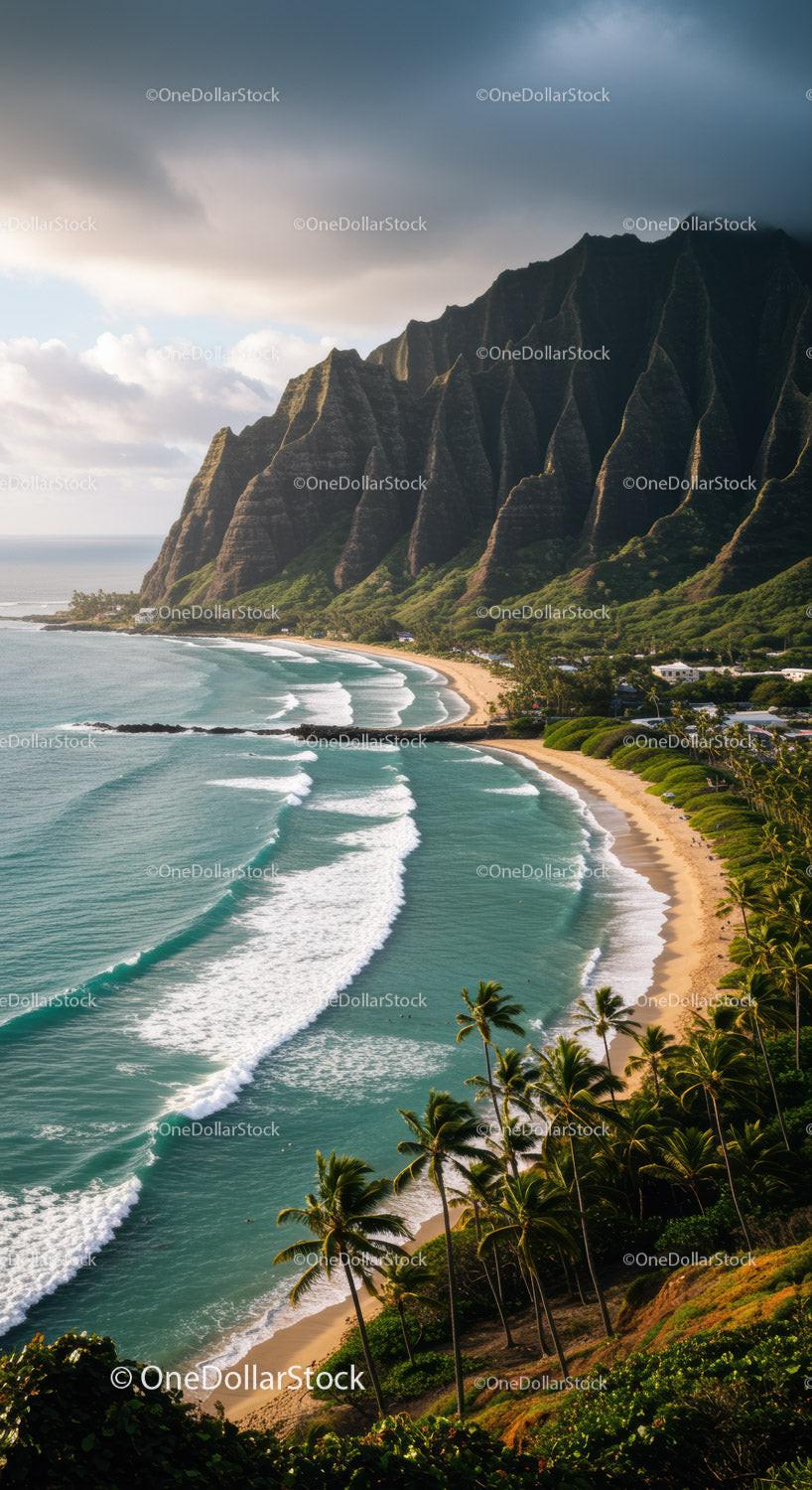Majestic Mountain Cliffs Over Turquoise Ocean and Sandy Beach