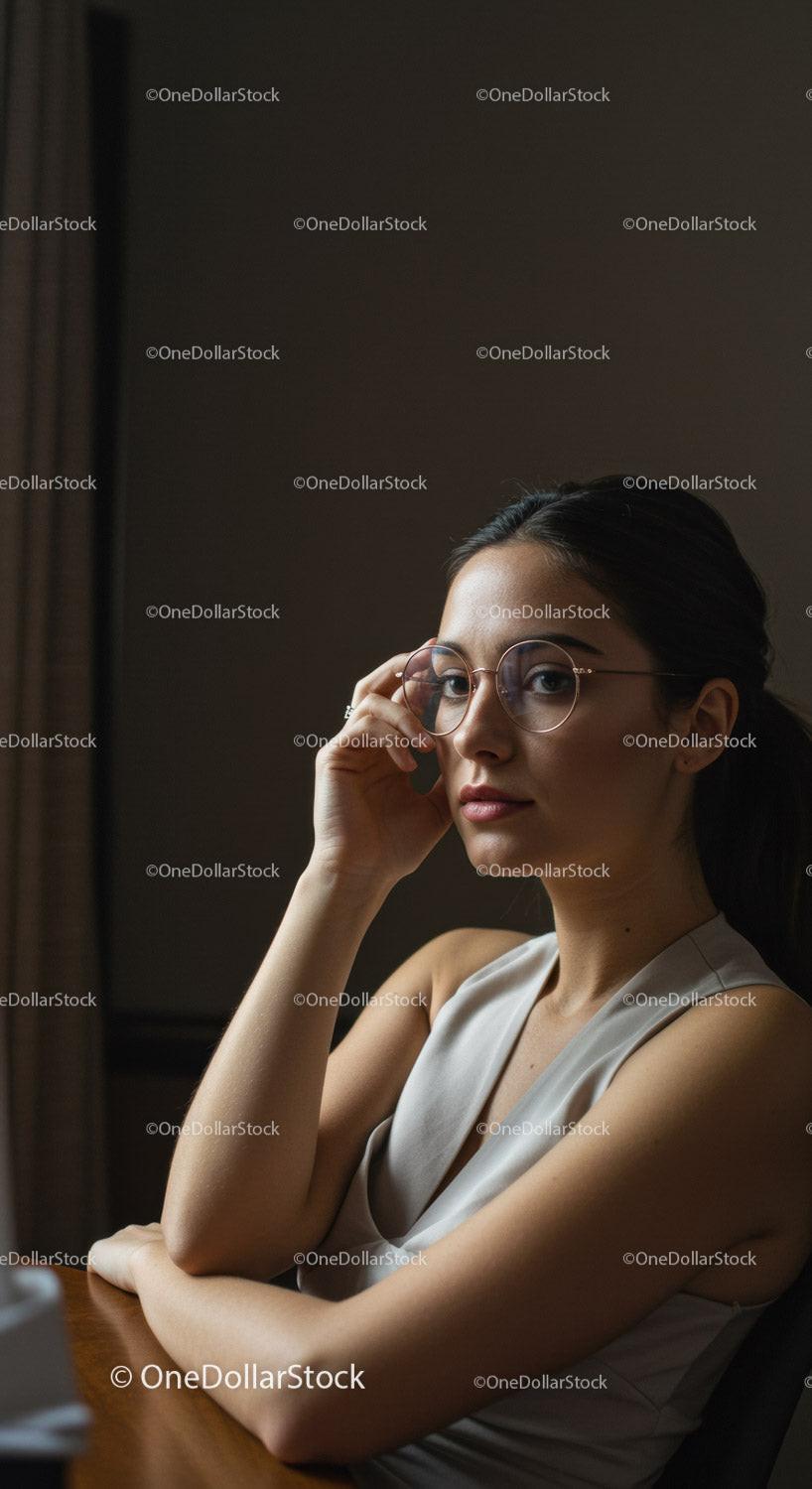 Elegant Young Woman Wearing Glasses in Indoor Portrait