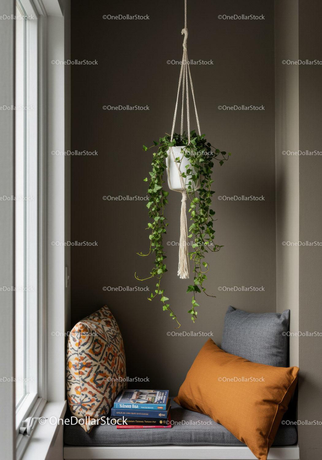 Indoor Hanging Plant in Macrame Holder with Cushions in Cozy Nook