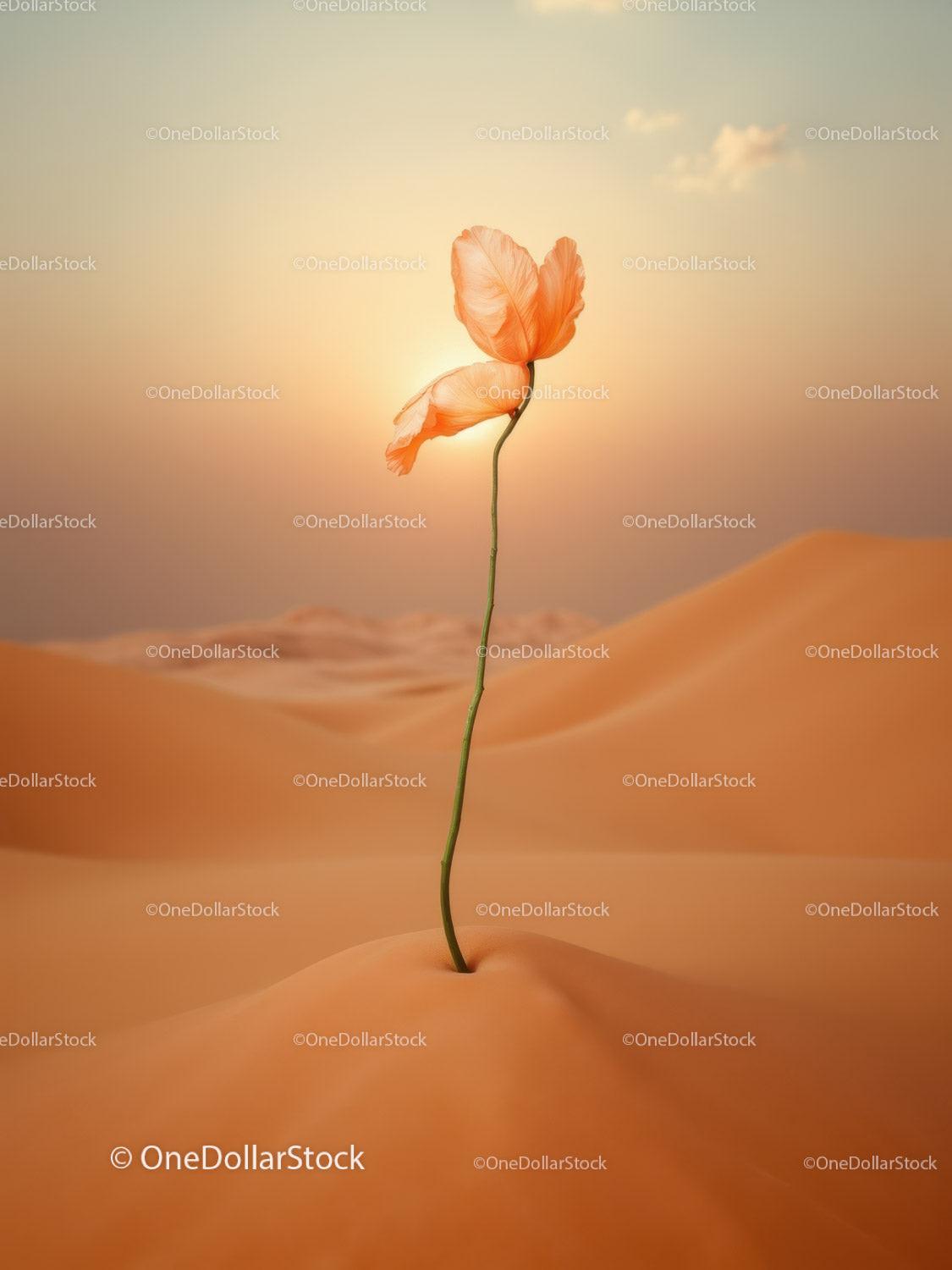 Delicate flower blooming amid warm desert dunes at sunset