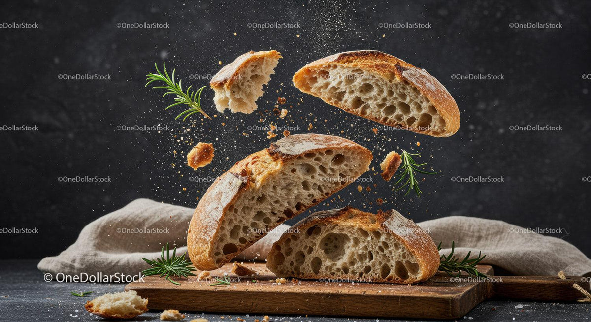 Rustic artisan bread slices flying with fresh herbs