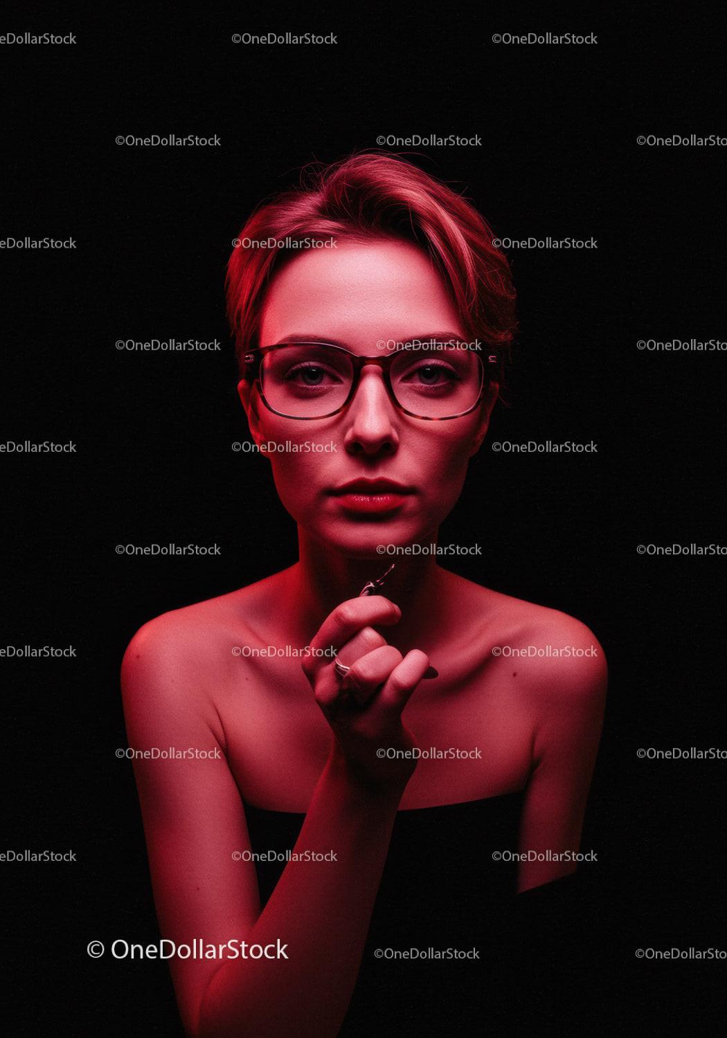 Young woman with glasses illuminated by red light