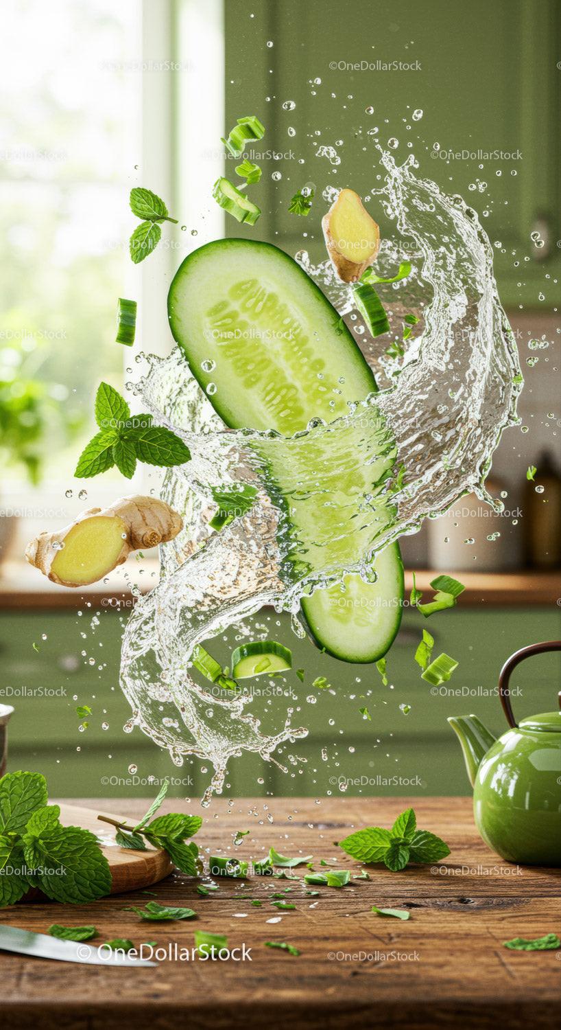 Fresh cucumber and ginger splash with herbs in kitchen