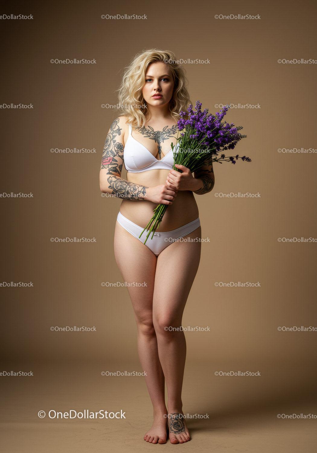 Tattooed Woman Holding Lavender Flowers in Stylish Lingerie