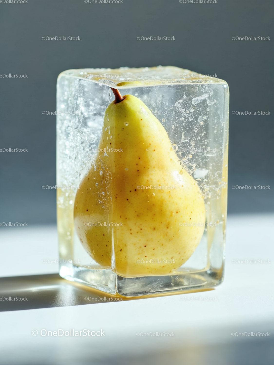 Fresh pear encased in a translucent ice cube