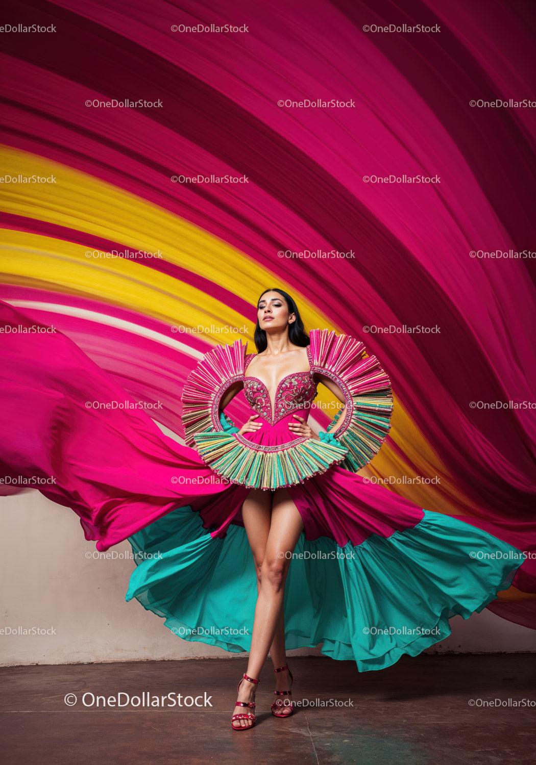 Fashion Model in Vibrant Pink and Yellow Flowing Gown Stock Photo Bundle preview 11