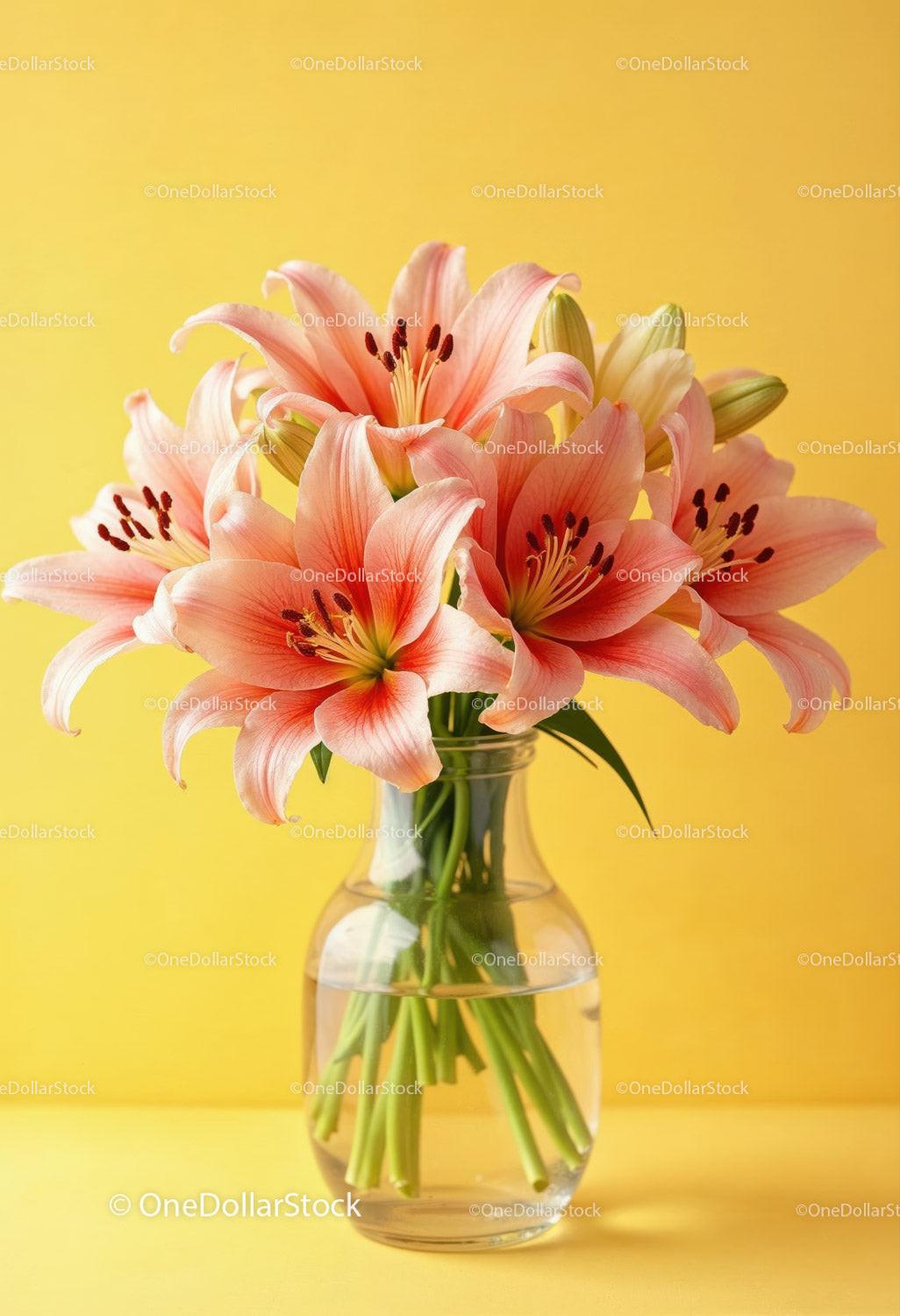 Elegant Pink Lily Bouquet in Glass Vase on Bright Yellow Background